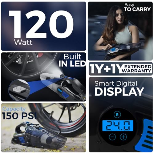 Image of WOSCHER AirVac Pro+ 3in1 USB Rechargeable Car Vacuum Cleaner Cordless,Tyre Inflator,150 PSI Digital Air Pump for Car Tyre|120 Watt Car Vacuum Cleaner High Power 6000PA |LED Light| Auto Shut Off