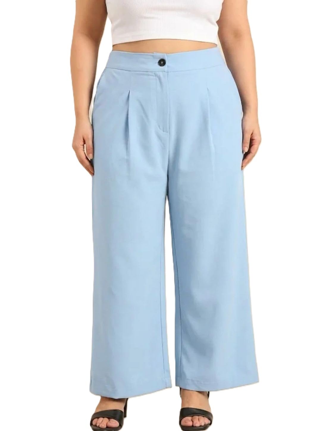 the pink moon Women's Plus Size Light Blue Korean Pants, High Rise, Viscose, Wide Leg, Lightweight-picture-3