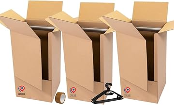 Set of 3 Wardrobe Boxes 50 x 50 x 100 cm with Rods – Made in France + 1 Adhesive Roll & 10 Free Hangers | Moving Clothes, Storage, Robust