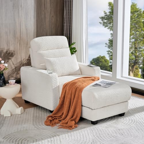 LITVZ Power Reclining Chaise Lounge, Beige Electric Chaise Lounge Sofa with Lumbar Pillow, Cup Holder and Wireless Charging, Modern Comfy Wall Hugger Recliners for Small Spaces