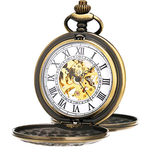 Manchda Pocket Watch - Engraved Bronze Retro Vintage Double Hunter Series Skeleton Dial Delicate Mechanical Movement + Gift Box #TOP29