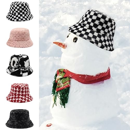 Image of Bucket Hat Women Furry Fuzzy Bucket Hats for Ladies, Winter Warm Fluffy Plush Faux Fur Hat for Women