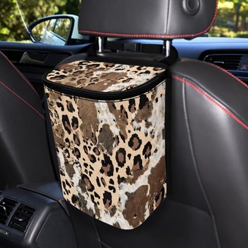 Image of Talayituse Brown Leopard Cow Print Car Trash Can with Lid, Leak Proof Auto Trash Bag Hanging Vehicle Garbage Can Multipurpose Storage Container for Back Seat Road Trip