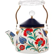 Serenk 2.2 Qt 2.1L Premium Enamel Teapot with Crystal Knob & Gold Handle Stovetop Tea Kettle for All Cooktops Including Induction Navy Blue & White
