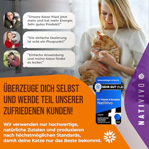 NatiVivo K1 Vitamin B Komplex Katze – hochdosierte Hunde Vitamine mit Vitamin B1, B12 & Folsäure Vitamine für Katzen 120 Premium Tabletten Made in Germany