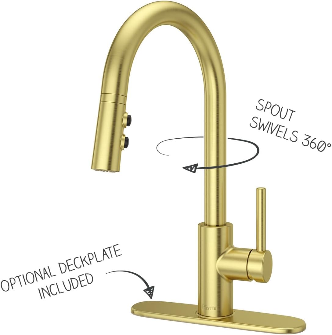 Pfister Stellen Kitchen Faucet with Pull Down Sprayer Single Handle High Arc Brushed Gold Finish Modern Kitchen Sink Faucet for 3 Hole and Single Hole Installation LG529SABG