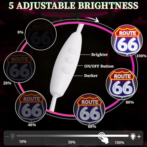 Image of Route 66 Neon Signs,LED Vintage 66 Road Lights, Room Decor for Garage,Home, Room, Man Cave, Party, Birthday Gift for Family Friends Kids-12.64x12.2 IN-USB Powered-Acrylic