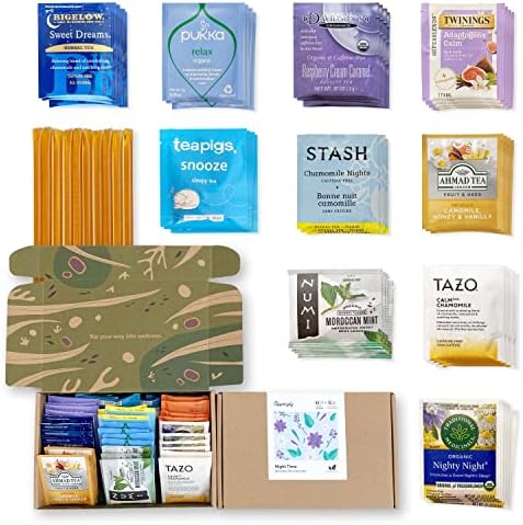 Night Time Wellness Tea Collection 40 Relaxing Tea Bags | Natural Way to Calm Down Before Bedtime | Best Father's Day Tea Sampler Gift | 10 Brands 10 Flavors Plus 10 Honey Sticks