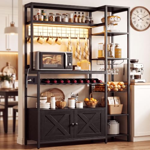 IRONCK Bakers Rack with Cabinet and LED Light, Coffee Bar Cabinet, Black