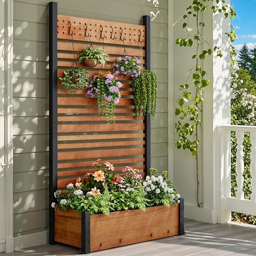 DWVO 72" H x 42" W Outdoor Privacy Fence, Outdoor Privacy Screen with Planter Box, Wood Fence Panel, Privacy Wall Outdoor, Wood Fence Panel for Backyard, Patio,1 Panel, Brown - Thumbnail 2