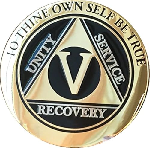 RecoveryChip 5 Year AA Medallion Elegant Black Gold Silver Bi-Plated Alcoholics Anonymous Chip
