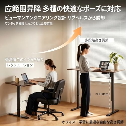 GatherLove 昇降デスク 高さ調節可能 スタンディングデスク 木製天板 シンプル設計 パソコンデスク 在宅動務·オフィ ス用 安定備造 おし もれワークデスク 白い脚+クルミ 天板厚さ約3cm 140x60cm [3]