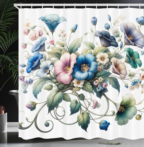 Ambesonne Floral Shower Curtain, Trippy and Bold Colorful Bellflowers in a Spring Morning on Plain Back, Cloth Fabric Bathroom Decor Set with Hooks, 69" W x 70" L, Deep Sky Blue Multicolor