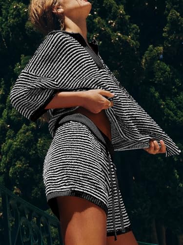 Image of Tankaneo Womens Sweater Set 2 Piece Outfits Oversized 3 /4 Sleeve V Neck Knit Tops High Waisted Shorts Lounge Sets