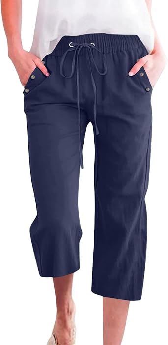 Womens Pants Summer Elastic Waist Linen Capri Pants Straight Wide Leg Drawstring Cropped Trousers with Pockets