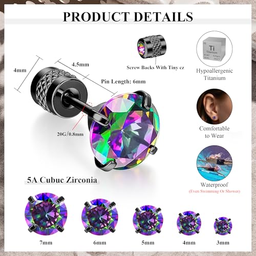 MHWTTY Hypoallergenic Cartilage Earrings for Women Men, 1 Pairs Titanium Stud for Women Gold Silver Black 20G Post & Screw Back with Cubic Zirconia 3 4 5 6 7 mm Piercing Jewelry (Black+Rainbow CZ, 4mm) — view 2