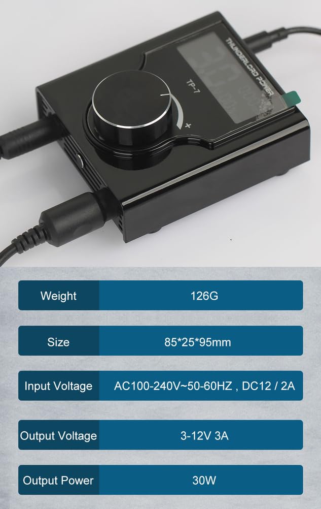 Alimentatore digitale per tatuaggi - Doppia uscita RC da 30 W con tensione regolabile 3-12 V 3 A, display LCD a colori, manopola di precisione