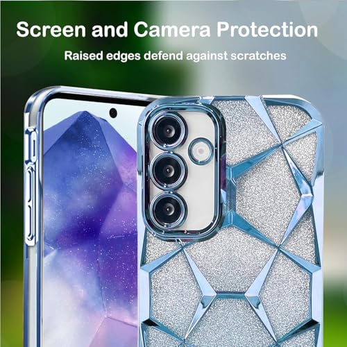 Image of VONZEE Gradient Glitter Clear Case for Samsung S25 Plus, Luxury Electroplated 3D Cube, Diamond Bling Shiny Soft TPU Clear Shockproof Women Girls Protective Phone Cover (Sierra Blue)