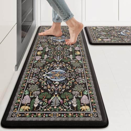 KIMODE Anti Fatigue Kitchen Mats for Floor 2 Piece, Black Vibrant Floral Kitchen Rugs 17"x47"+17"x29", Non Slip Waterproof Kitchen Floor Mats, Standing Mats for Laundry Office Sink Desk
