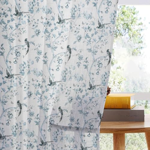 Image of LINENWALAS Decorative Cotton Sheer Curtains 5 Feet Long for Window, 3 Panel Printed Curtains for Home Decor, Living Room, Bedroom, Kitchen, Grommet Hanging (5 Feet x 4.5 Feet, Bird Paradise, White)
