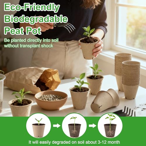 Image of Baxrou 120 Pack 3.15 Inch Peat Pots Plant Starters for Seedling, Biodegradable Herb Seed Starter Pots Kits, Garden Germination Nursery Pot wit 30 Plant Labels, 2 Transplant Tools.