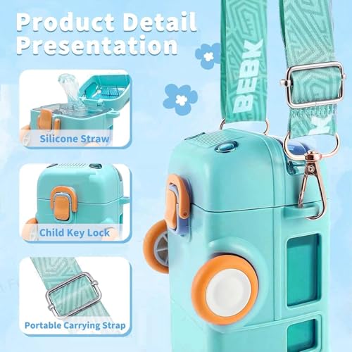 Image of Zollyss Kids Water Bottle with Straw, Cartoon Bus Design, 500ml Capacity, One-Button Press Lock (Green)