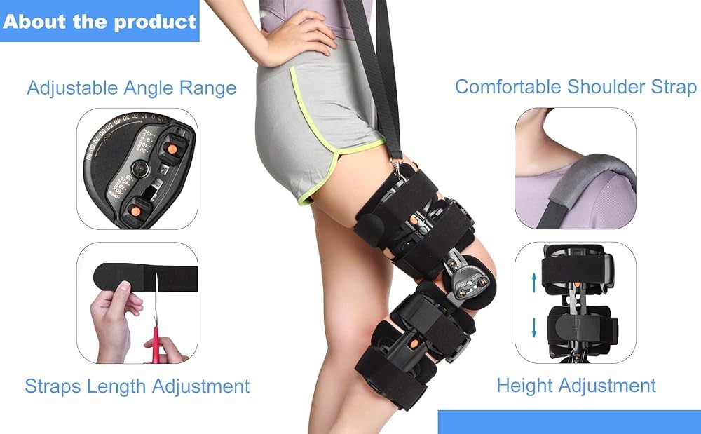Ginocchiera regolabile incernierata con blocco ROM e stabilizzatori laterali - Supporto post-operatorio ACL/PCL/MCL, immobilizzatore ortopedico per gamba sinistra per uomo/donna, lesioni sportive e
