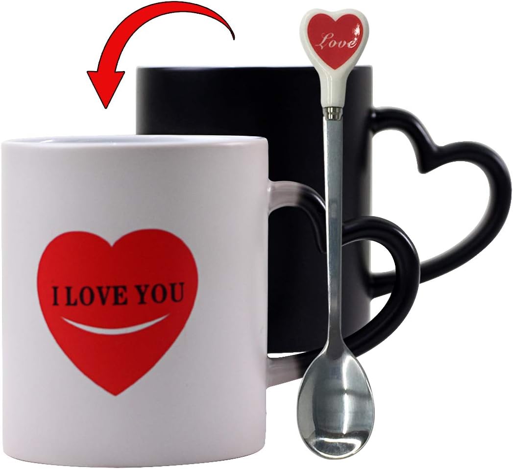 Funny Mom Mug Color Changing Mugs Heat-Sensitive Mug Heat Changing Mug Spoons Set - YUWU Novelty Heart I Love You Morning Mugs Lovers Gift Magic Coffee Mugs Crazy Cat Lover Gift For Men Women Mom Dad