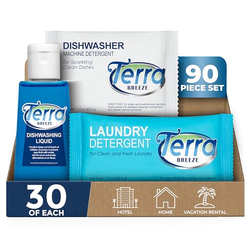 Travel Laundry Detergent & Dish Soap | Terra Breeze 1-Shoppe All-In-Kit Bulk Hotel Size Amenities for AirBnB & Rentals | 90 Pcs