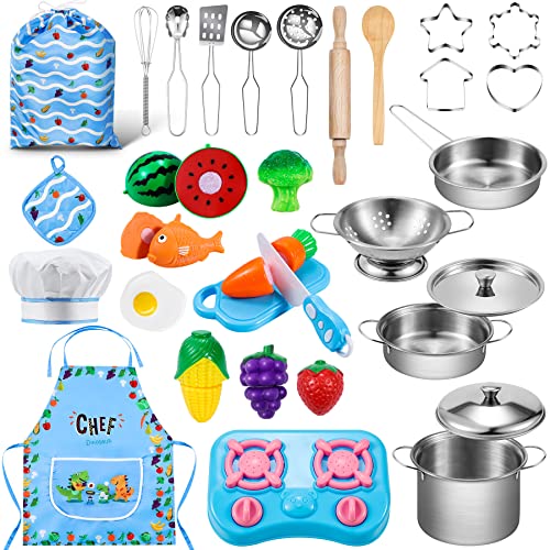 lenbest Kinderküche Zubehör - Spielküche Zubehör Holz Edelstahl Pfannenset | Lebensmittel | Schürze Kinder - Matschküche…