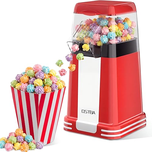 Image of OSTBA Hot Air Popcorn Popper, 12-Cup Popcorn Maker Machine, Red | 1200W Power, Retro Countertop Style, Measuring Cup, One-Switch Use, Movie Night & Party Snacks