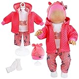Das Set besteht aus: 5 tlg.Set für Mädchen (ohne Puppe) - Kapuzenjacke mit Reißverschluss - T-Shirt (wird im Rücken mit Kletterverschluss geschlossen) - Hose mit Gummizug - Mütze - Paar Söckchen