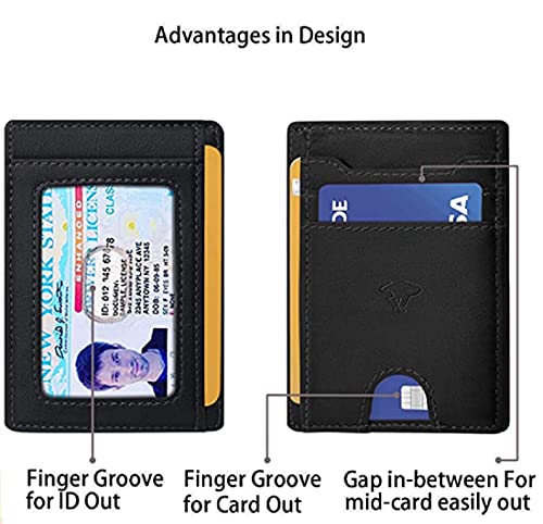 Image of Contacts Genuine Leather Slim Wallet | RFID Blocking Skinny Minimal Thin Front Pocket Wallet Sleeve Card Holder for Men | Up to 7 Card Slots Including 1 ID Window (Black)