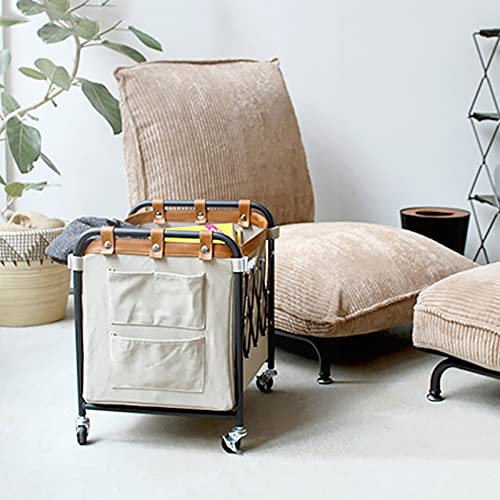 Carrito de lavandería retro con ruedas y bolsas desmontables para ropa 6