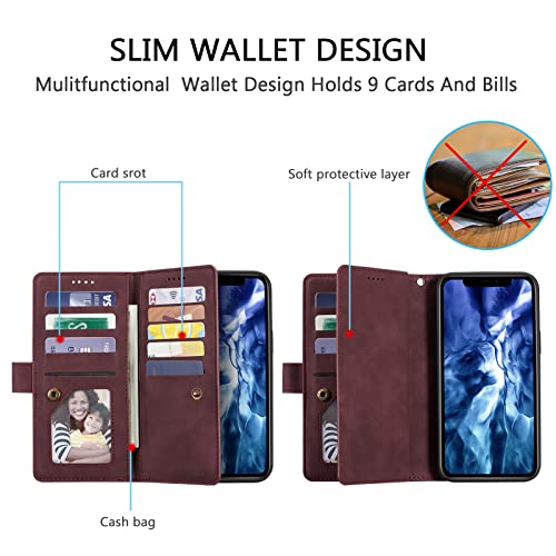 EYZUTAK Wallet Phone Case for Samsung Galaxy A56 5G, Retro Matte 9 Card Holder Slots Zipper Pocket Case PU Leather Magnetic Closure Kickstand with Wrist Strap Folio Flip Case - Wine Red