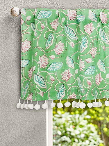 Image of Ravaiyaa - Attitude is everything Hand Block Floral Printed Cotton Short Drapery Valance Half Window Curtain (Green, 40 X 18 Inch)