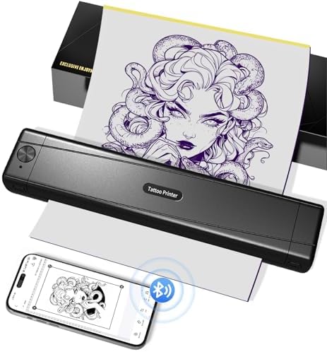 TATTMUSE A887 Tattoo Stencil Drucker, Bluetooth Schablone Drucker | Tattoo Drucker für Künstler und Anfänger, Kompatibel mit Smartphone & PC, Nadeldrucker mit 10 Stück Papier, Schw