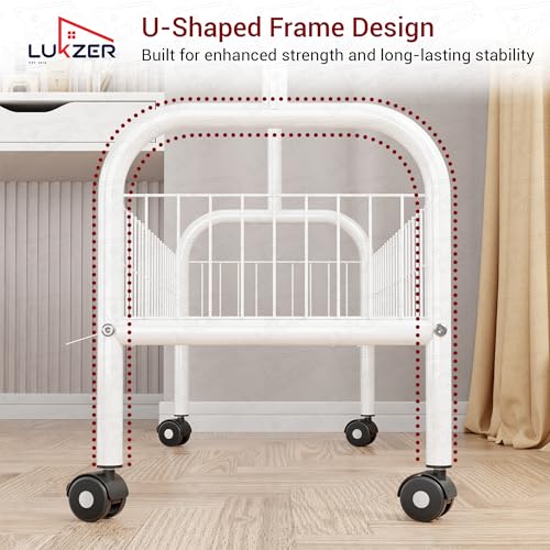 Image of Lukzer | MGR-003 | White | Metal Garment Rack with Wheels, Bottom Shelf & Single Rod - Cloth Organizer for Hanging Kurtas, Jackets, Bags in Bedroom, Office, Hostel & More | 173 x 110 x 35 cm
