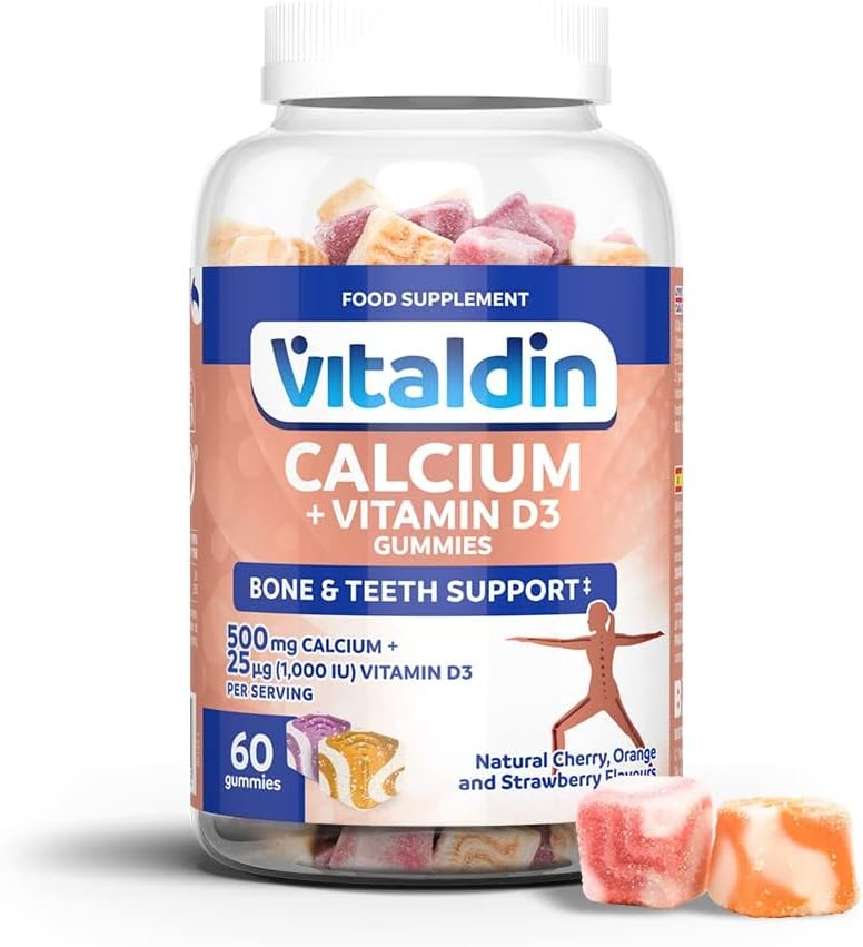 VITALDIN 60 Gominolas de Calcio & Vitamina D3, 500 mg, 1.000 IU por dosis – (30 días) sabor Frutas – Ayuda a mantener huesos y dientes – Sin Gluten – Apto para Niños & Adultos