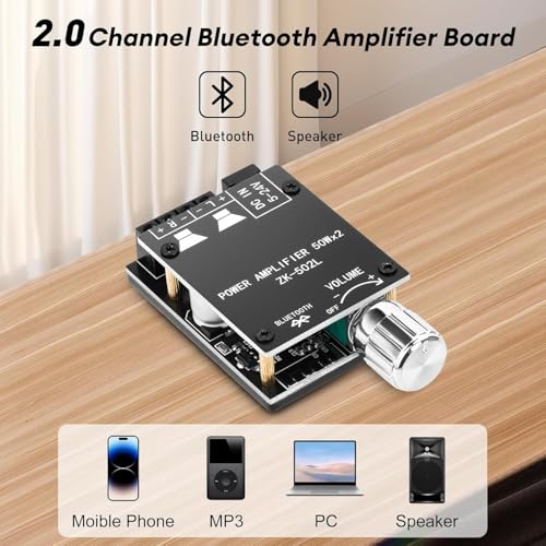 Image of ZK-502L Bluetooth Amplifier Board,50W+50W 2.0 Channel Amp Board with Volume Control,DC 9-24V, Bluetooth and AUX Inputs, Audio Amp Board for Home DIY Wireless Speakers, Password Free.