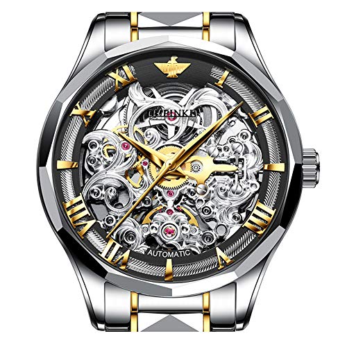 Swiss Brand Luxury Mens Automatic Watch Skeleton Watches for Men Stainless Steel Day Date Waterproof Mechanical Wrist Watches Gifts for Men Black (Two Tone - Gold Dial-) OUPINK