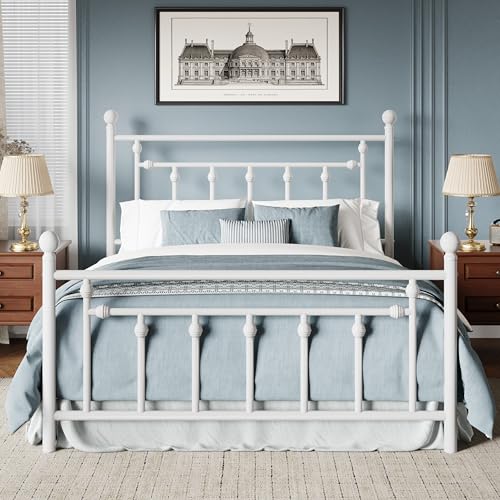 MUTICOR Cadre de Lit en Métal 140x200 cm avec Tête de Lit, Sommier à Lattes Inclus, Espace de Rangement sous Le Lit, Stable et Silencieux, Blanc