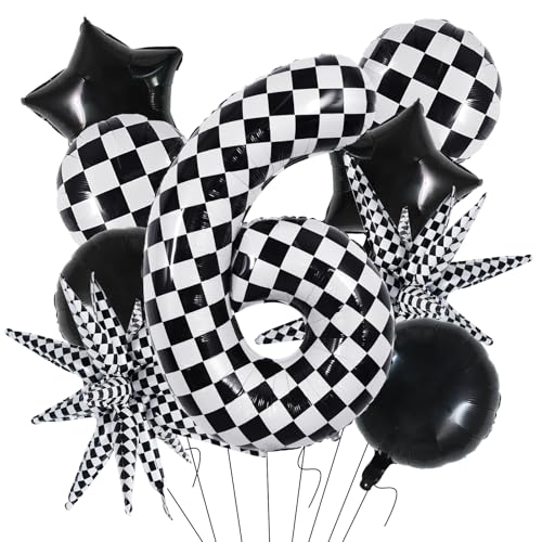 Image of TONIFUL 6th Birthday Balloons Kit 40 Inch Checkered Number 6 Foil Balloon