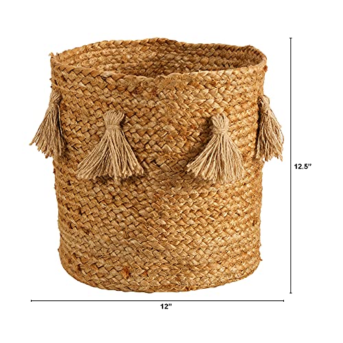 12.5In. Boho Chic Natural Hand-Woven Jute Basket Planter With Tassels #TOP1