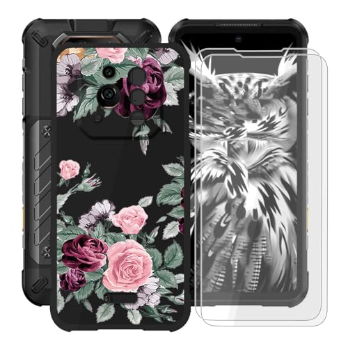 YQINHHME Shockproof Phone Case for Ulefone RugOne Xever 7 (6.67") + 2 Pack Tempered Glass Protective Film, Slim Soft Silicone Shell Anti Scratch TPU Cover for Ulefone RugOne Xever 7 - Red Rose