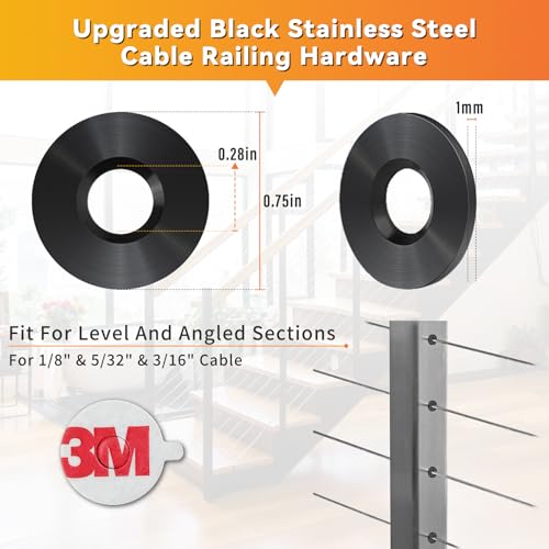100Pack Black Cable Railing Kit Adhesive Sleeves for 1/8\" 5/32\" 3/16\" Wire Rope, T316 Stainless Steel Cable Railing Hardware for Protect Metal Post, Concealing Rope Holes for Deck Stair Railing - Thumbnail 3