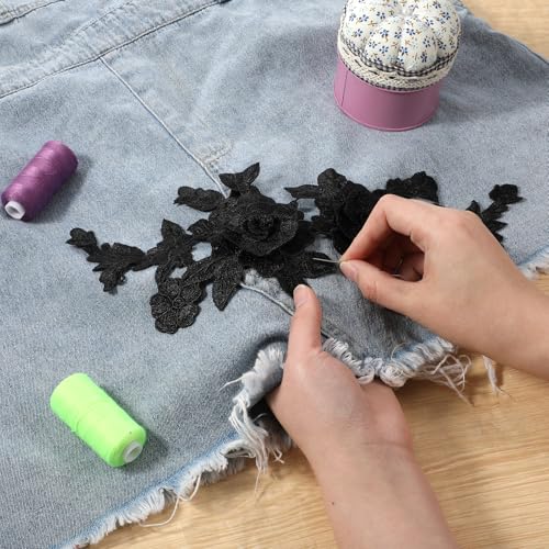 cobee 2Pcs Black Appliques, Rose Lace Applique, Black Embroidered Floral Appliques Sew on Patches, Vintage Patches for Wedding Dress Hat Bag Jeans Shoes Clothes Crafts Accessories - Thumbnail 3
