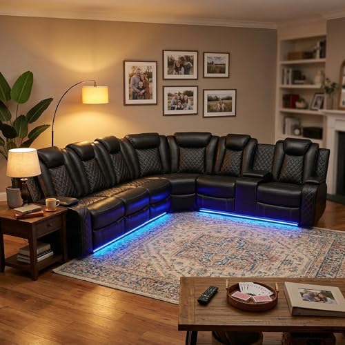 GzhAyyQ Power Reclining Sectional Sofa Set with LED Lights, 6-Seater Black Leather Home Theater Seating Couches for...