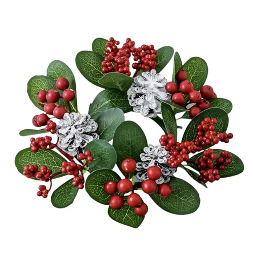 Anillos de vela de Navidad, portavelas festivos, decoración de mesa navideña, bayas rojas artificiales, piñas, coronas de gabinete de cocina, anillos decorativos de Navidad, centro floral de invierno