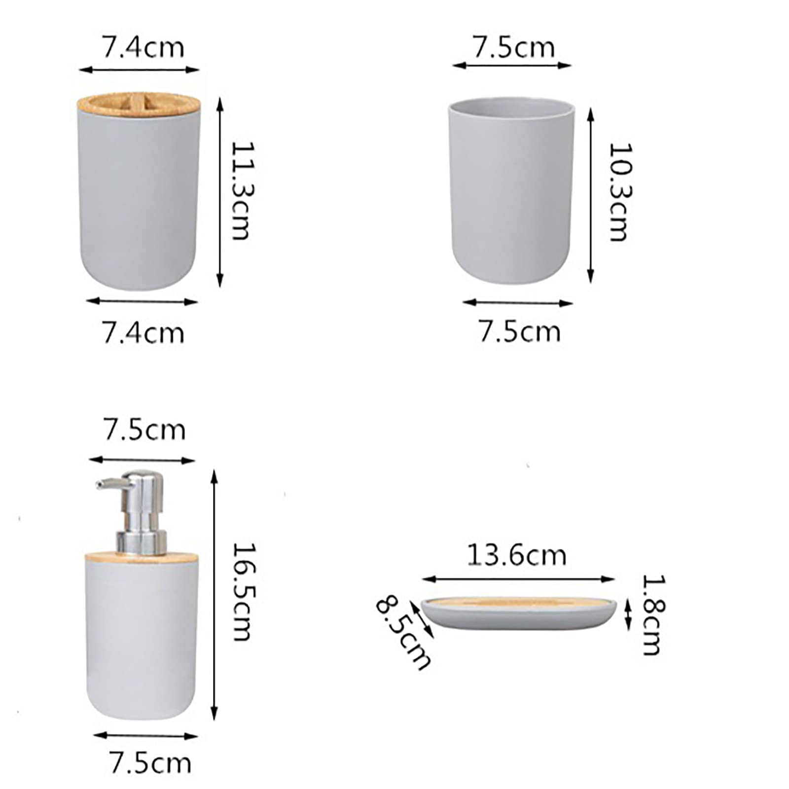 Juegos de Accesorios de baño, Simple Madera Acesorios Cuartos de Baño 4 Piezas con Dispensador Jabon Baño, Jabonera Baño, Porta Cepillo de Dientes, Bandeja, para Champú Gris/Blanco/Negro